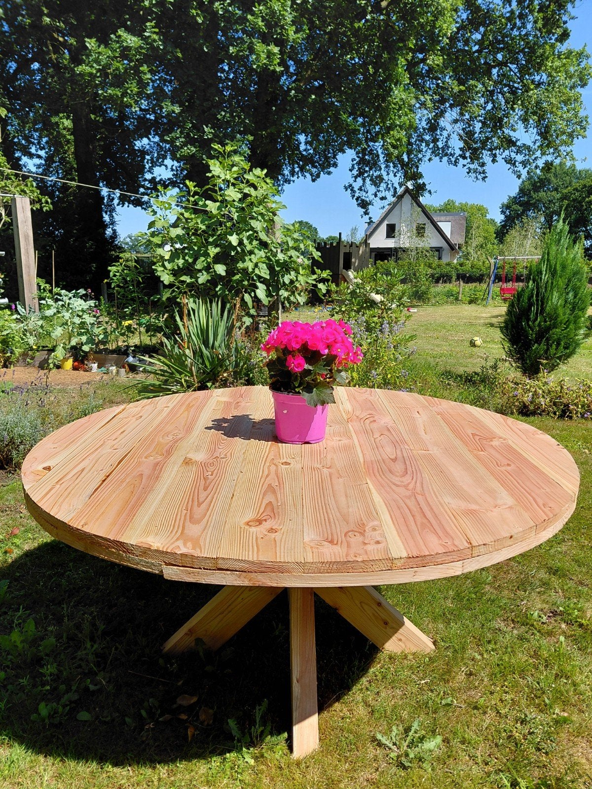Zeer mooie ronde tuintafel XXL | eettafel | 3D poot | Ø150cm, Tuin en Terras, Ophalen, Zo goed als nieuw, Rond, Hout