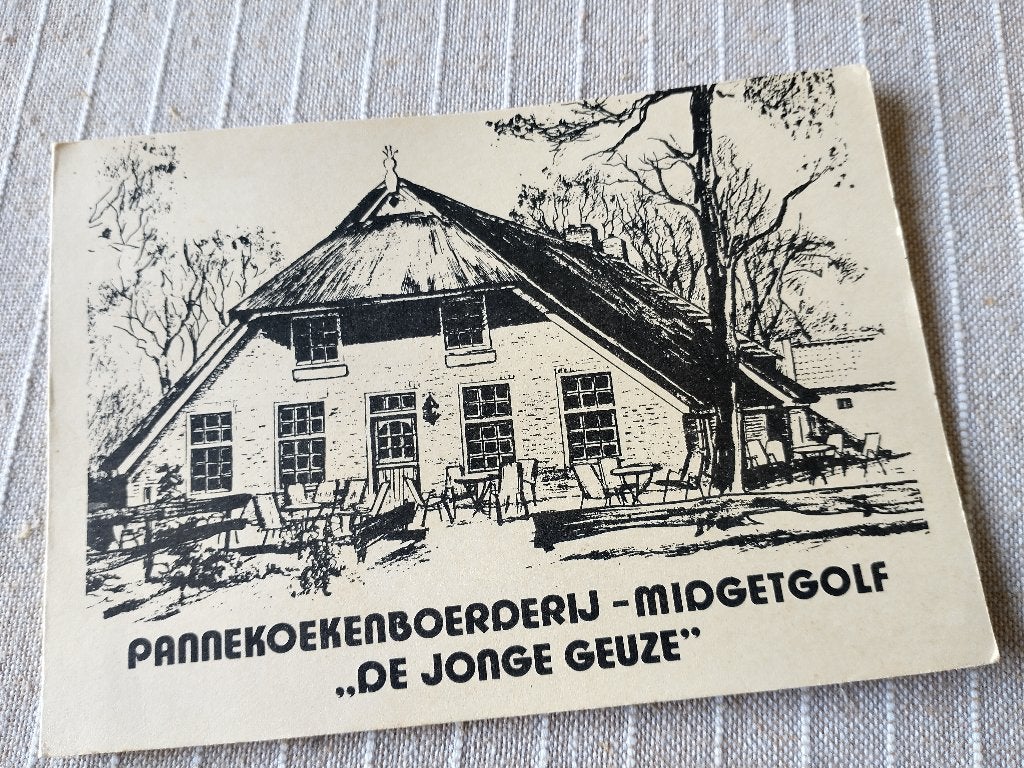 Reclamekaart Pannekoekenboerderij "De Jonge Geuze", Ophalen of Verzenden, 1980 tot heden, Ongelopen, Drenthe