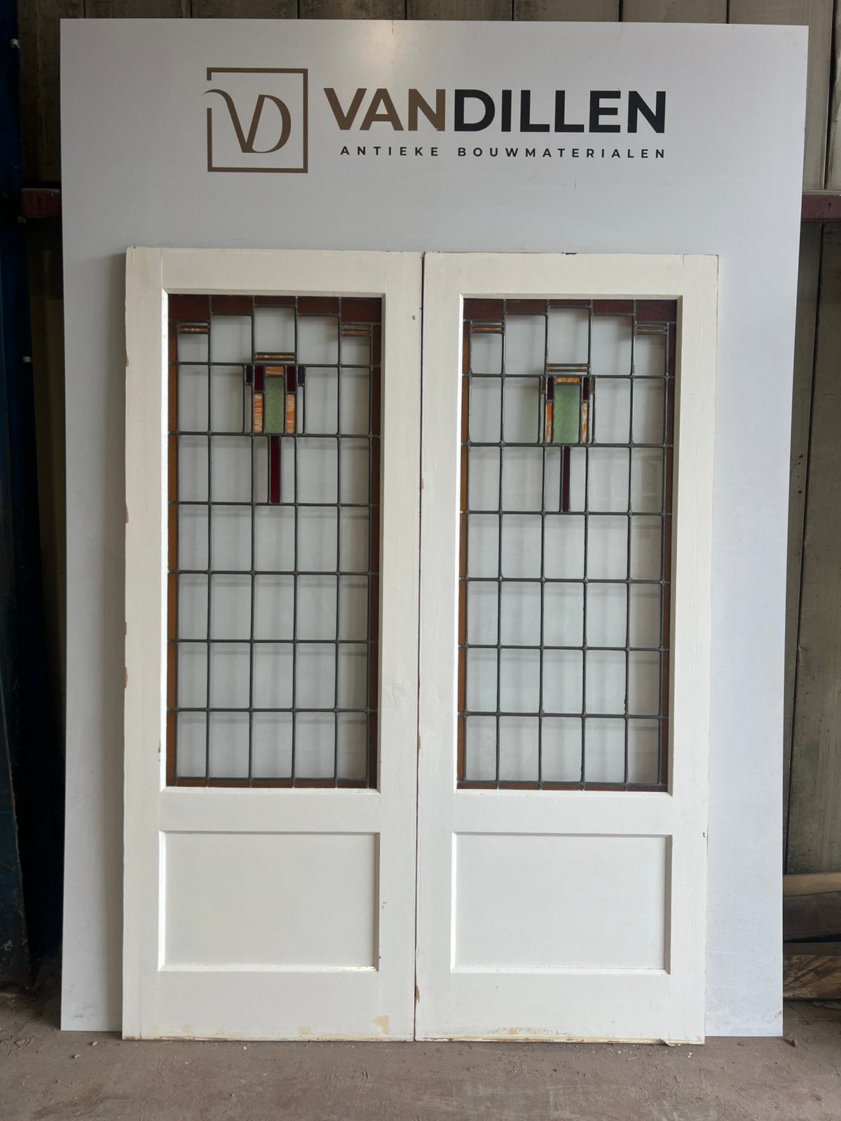 Antieke ensuite schuifdeuren met kleur glas in lood 210x156