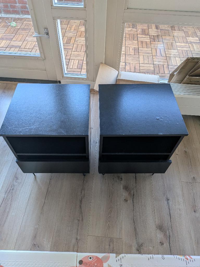 2 zwarte nachtkastjes met lade, Ophalen, Gebruikt, Minder dan 45 cm, Minder dan 55 cm