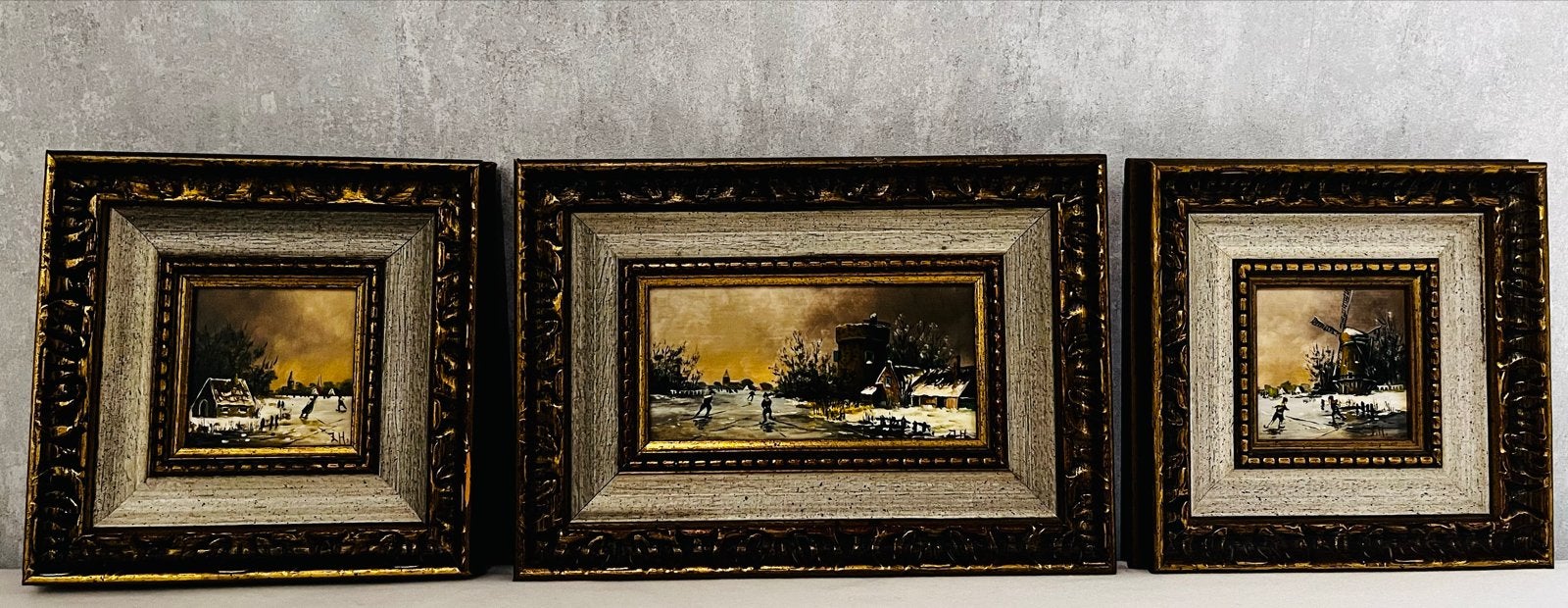 Set van 3 handgeschilderde winterlandschappen op paneel, Antiek en Kunst, Paneel, Realistisch, Ophalen of Verzenden, Olieverf
