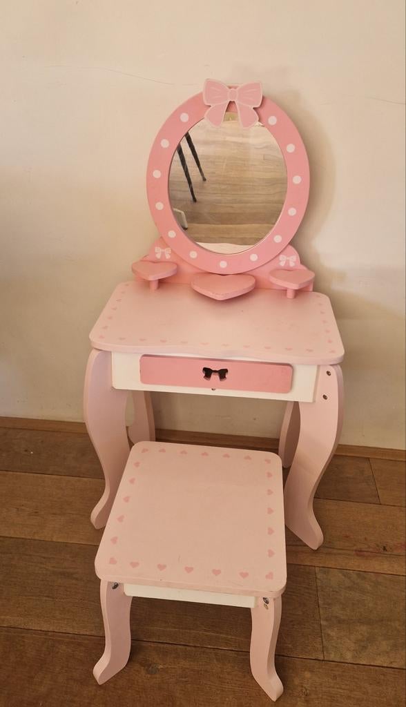 Roze make-up tafel met spiegel en krukje voor kinderen, Huis en Inrichting, Ophalen, Minder dan 50 cm, Gebruikt, Kinderlijk, speels, prinses