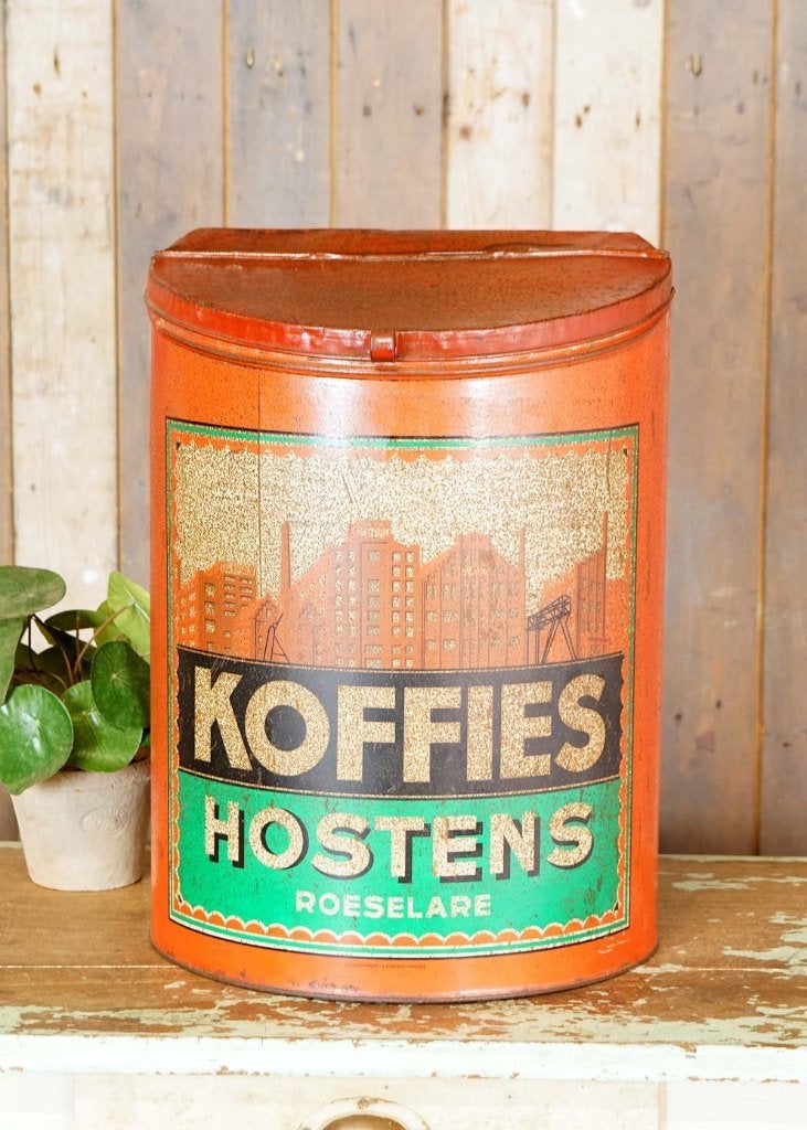 Oud halfrond brocante koffieblik Koffies Hostens, Ophalen of Verzenden, Gebruikt, Koffie, Overige merken