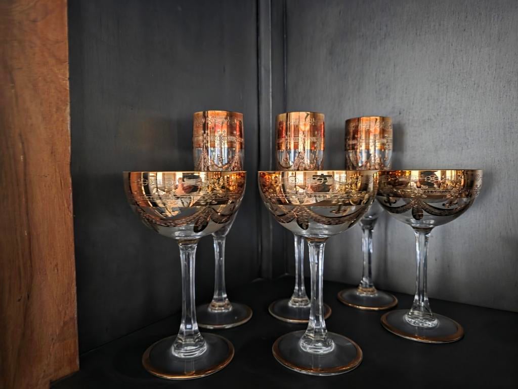 Set van 2x 6 vintage champagneglazen met gouden decoratie, Antiek en Kunst, Ophalen of Verzenden