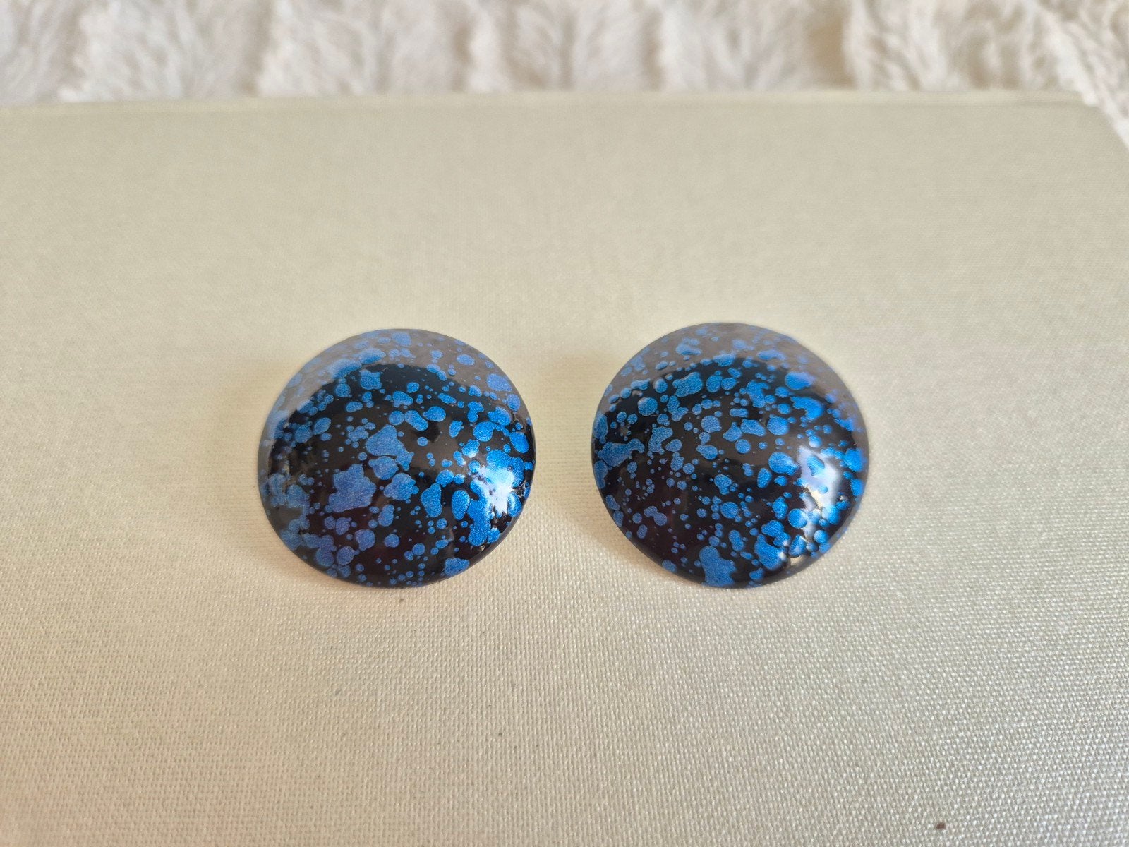 Vintage Statement Oorbellen met Clip - Blauw Gespikkeld, Overige materialen, Gebruikt, Blauw, Ophalen of Verzenden