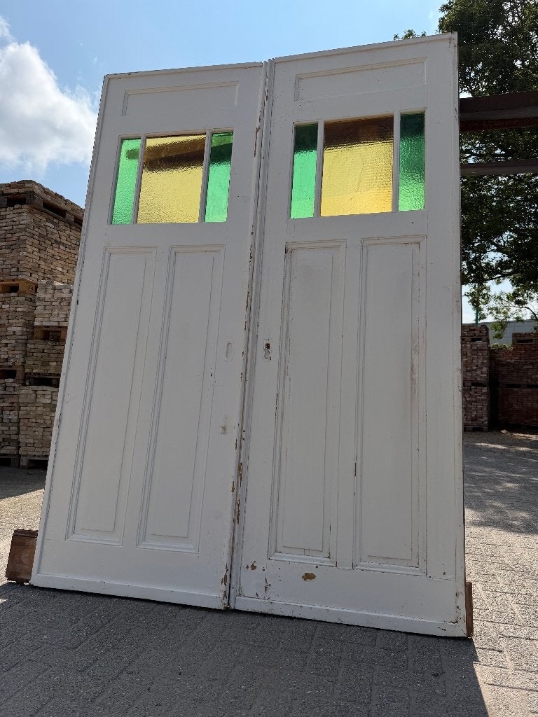 Set schuif / en-suite deuren met groen / geel glas 249x176cm, Antiek en Kunst, Ophalen