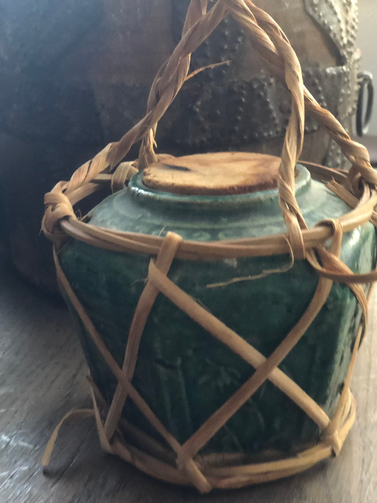 Oude Chinese gemberpot in raffia netje oosters Aziatisch, Antiek en Kunst, Ophalen of Verzenden