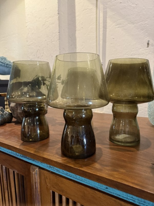 Set van 4 windlichten of vazen mosgroen glas 25cm hoog VdlM, Windlicht, Overige merken, Nieuw, Ophalen of Verzenden