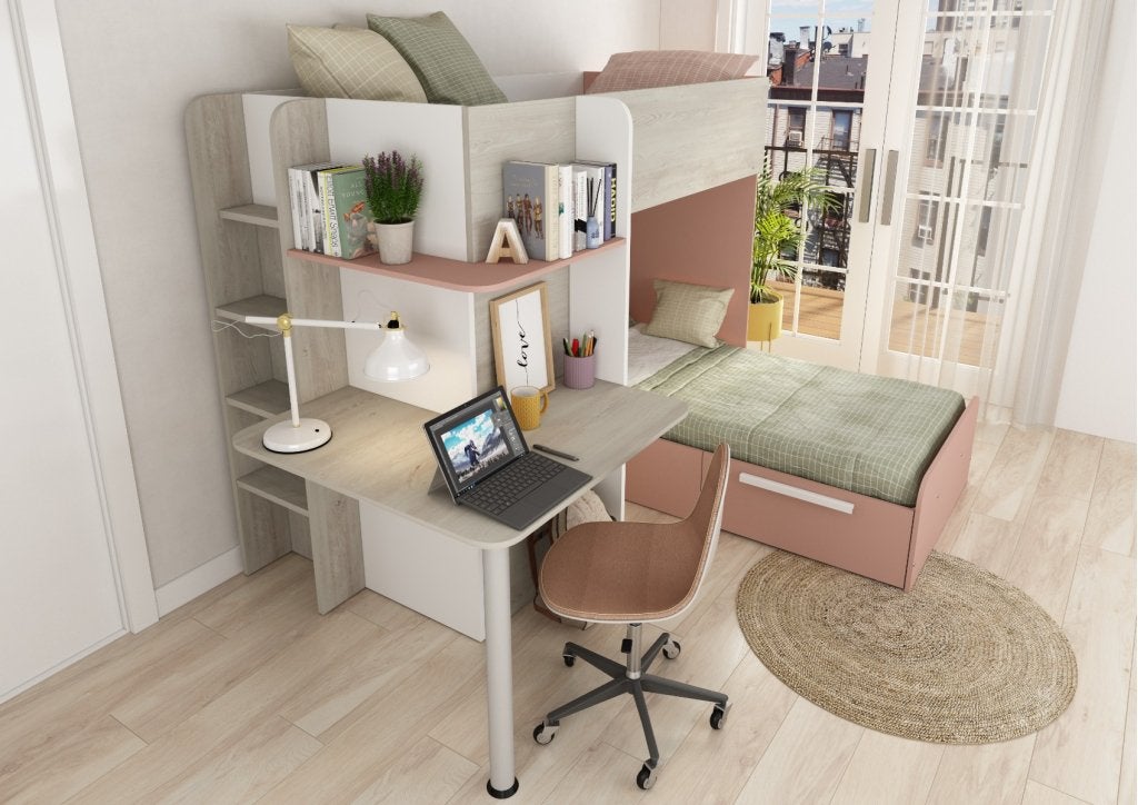Palatino hoekstapelbed met bureau, kast en lade - 90x190 - W, Niet ingevuld, Niet ingevuld, Niet ingevuld