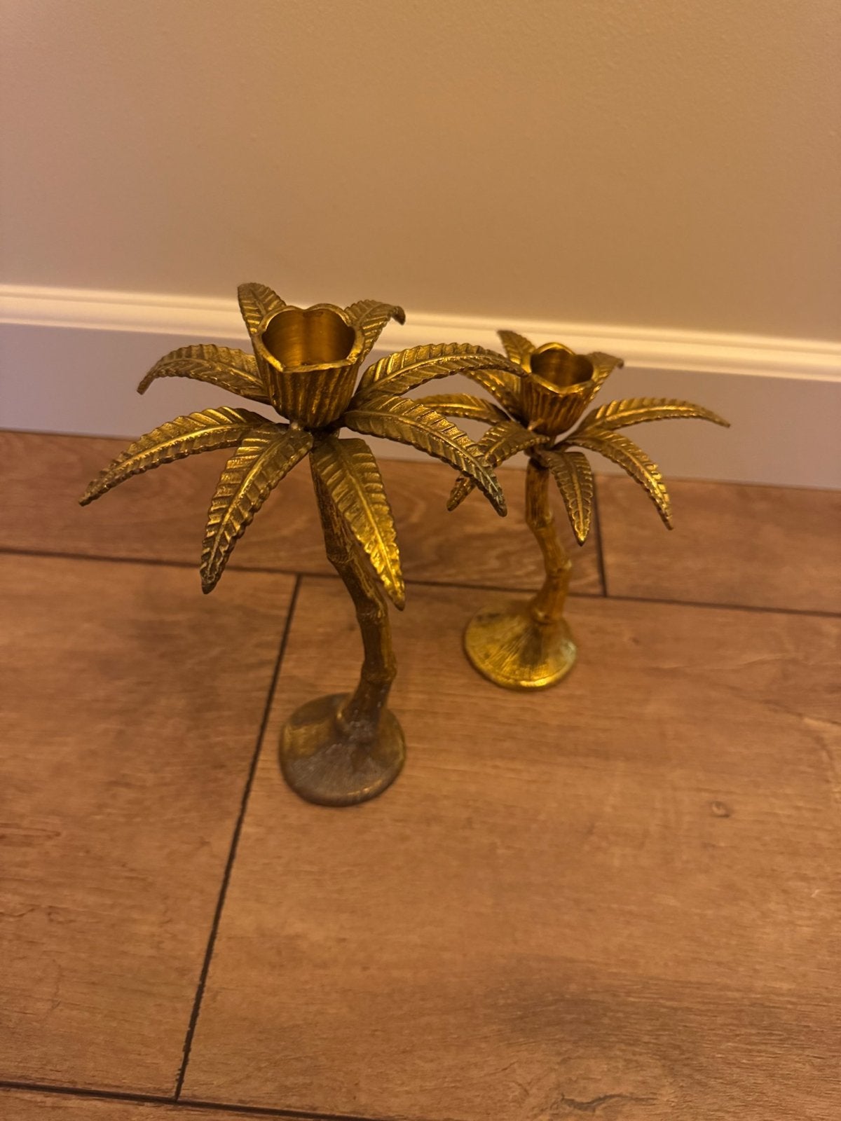 Set van 2 gouden palmboom kandelaars, Ophalen of Verzenden, Zo goed als nieuw, Metaal, Kandelaar