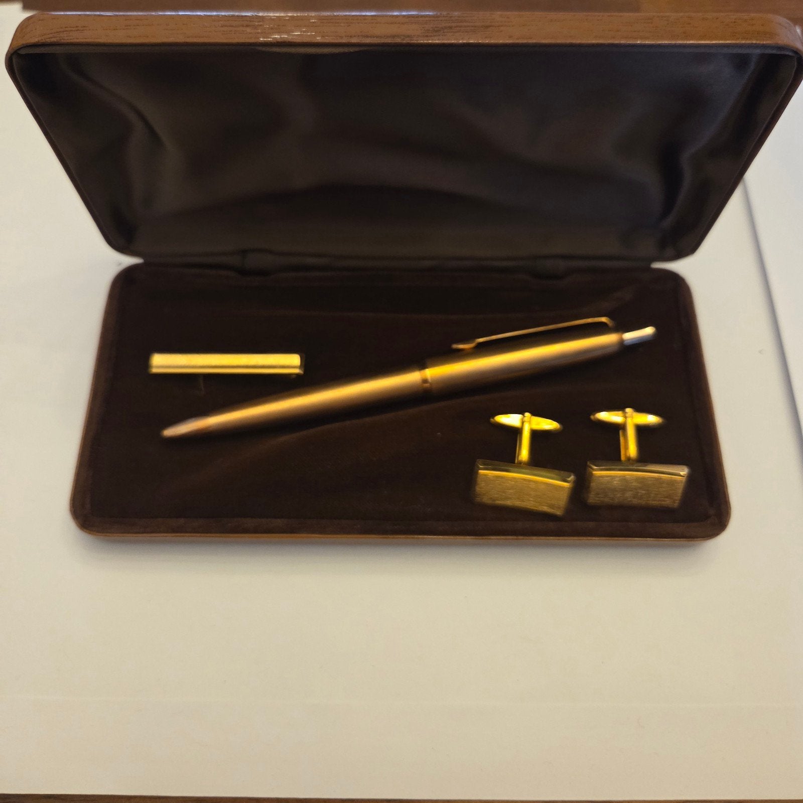 Vintage Pen, Manchetknopen & Dasspeld Set - Goudkleurig, Ophalen of Verzenden, Zo goed als nieuw, Overige materialen