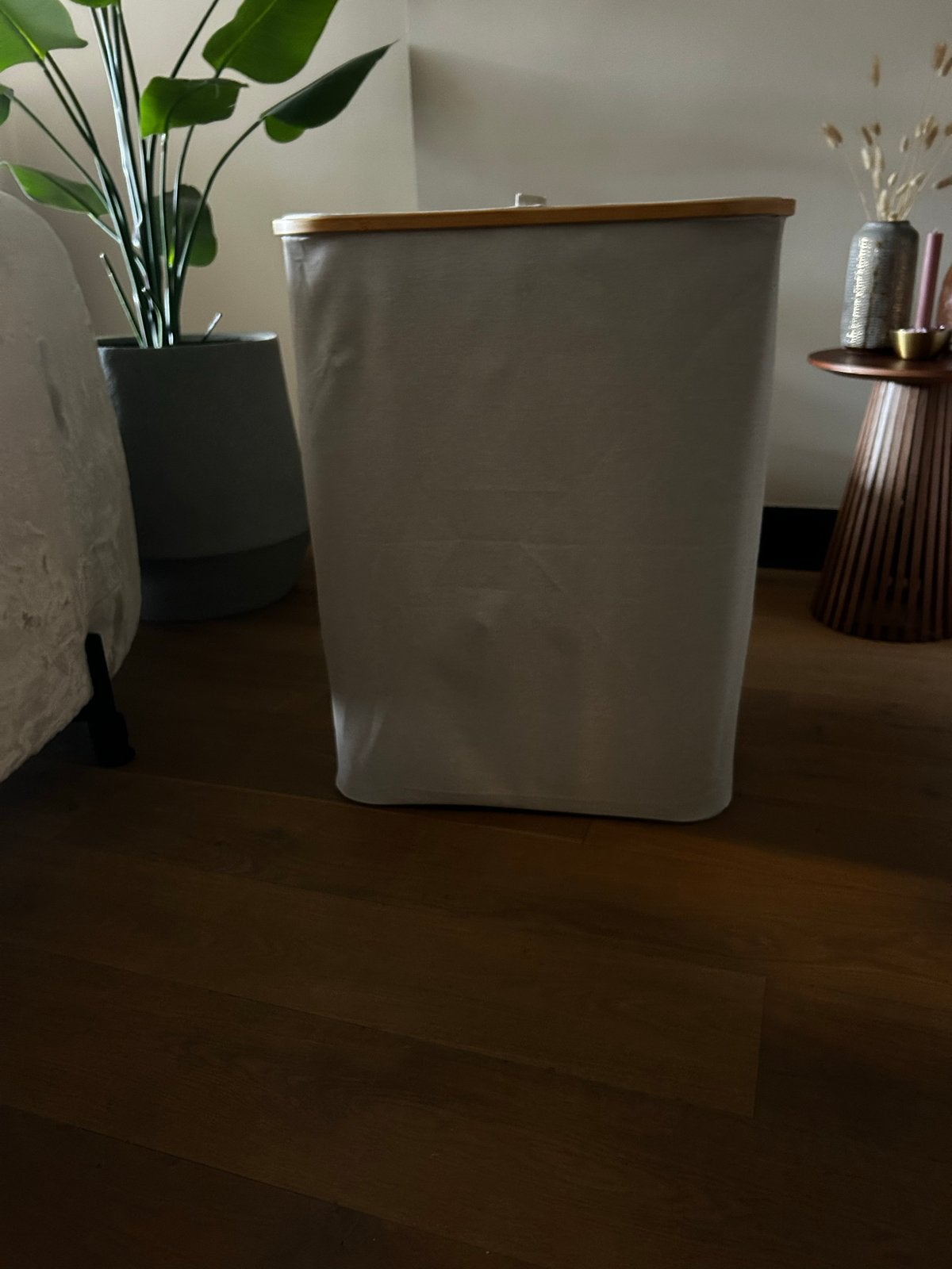 Wasmand met 3 vakken - Grijs met bamboe deksel, Witgoed en Apparatuur, Ophalen of Verzenden, Zo goed als nieuw