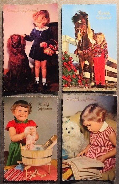 Fotokaart Kind Hond Ierse Setter Maltezer Pony Verjaardag, Ophalen of Verzenden, 1940 tot 1960, Ongelopen, Kinderen