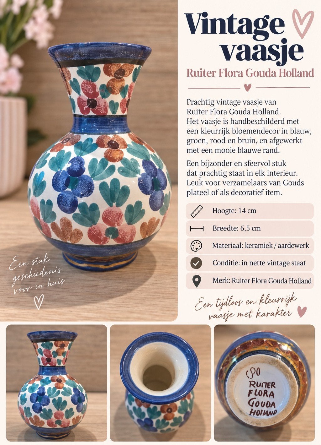 Vintage Ruiter Flora Gouda Holland vaasje - Handbeschilderd, Antiek en Kunst, Ophalen