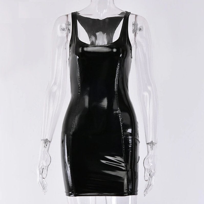 Zwarte leren jurk wetlook jurkje dames leer korte mini, Maat 38/40 (M), Verzenden, Zwart, Nieuw