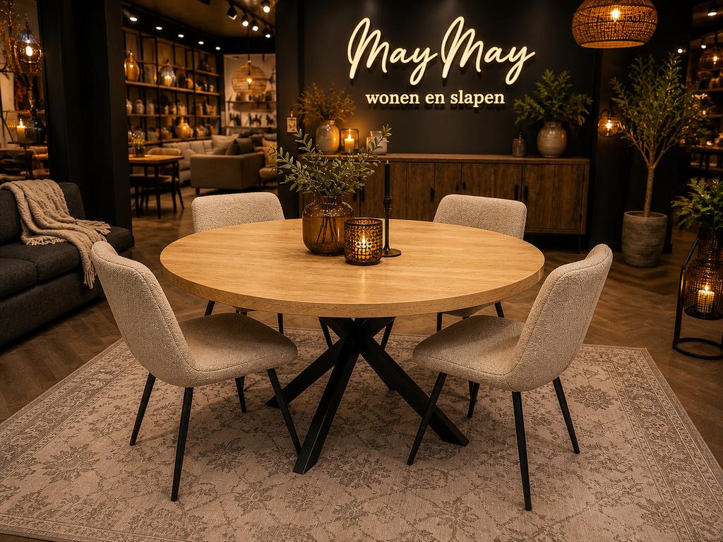 Eettafel rond 140 Vlak tafelblad Mango Direct leverbaar 7375, Huis en Inrichting, Rond, Nieuw, Mwonenenslapen@ziggo.nl, Ophalen