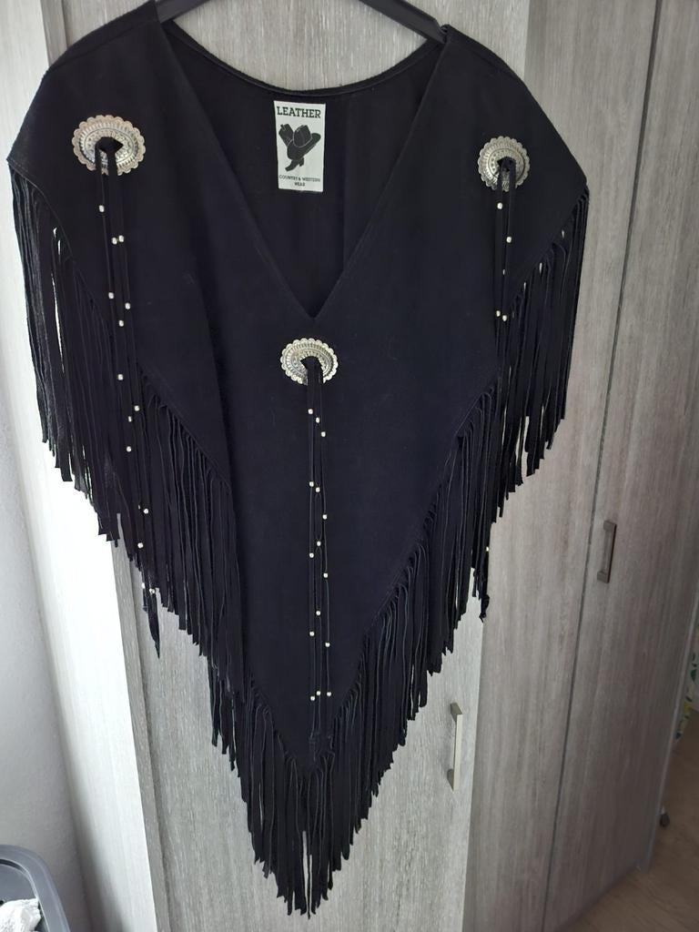 Zwart Leren Franje Poncho met Zilveren Details, Onbekend, Ophalen of Verzenden, Zo goed als nieuw