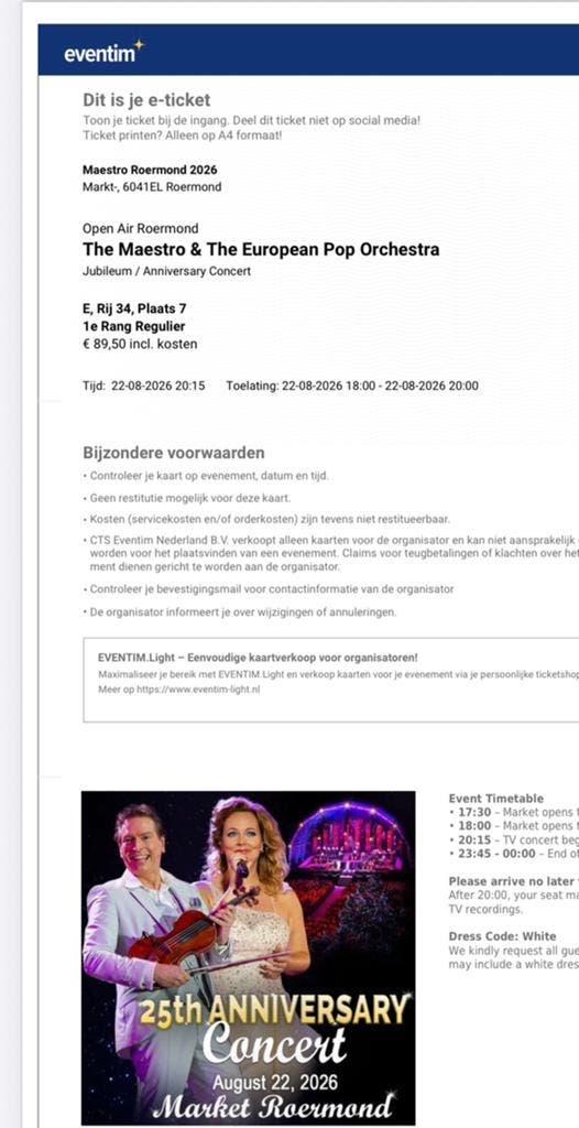 The Maestro en The European Pop Orchestra, 22-08-26 Roermond, Tickets en Kaartjes, Twee personen