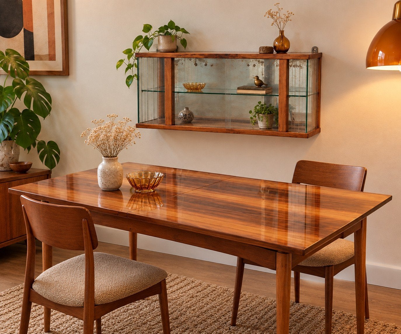 Vintage Jaren '70 Eettafel & Wandvitrinekast Set