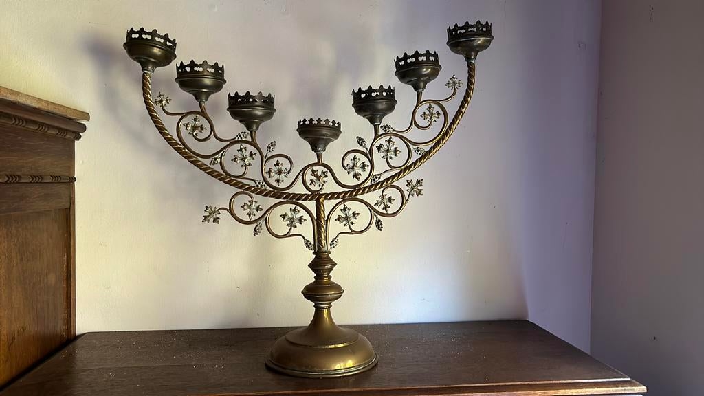 Antieke grote koperen kaarskandelaar 60cm, Ophalen, Koper of Brons