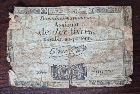 Franse revolutie originel bankbiljet assignat 10 livres 1792, Voor 1940, Overige onderwerpen, Ophalen, Gelezen