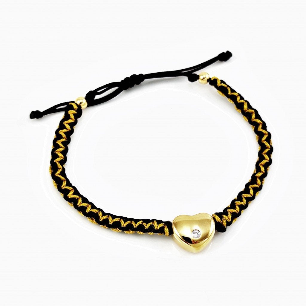 Handgemaakt Dames Macramé Armband Mosterd-Zwarte RVS Hart, Met kristal, Staal, Birgitta-Gracht 33, 6465 EL Kerkrade, Nederland