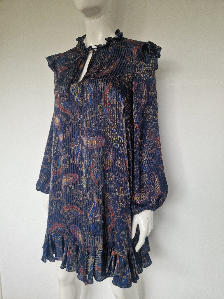 Maje Paris jurk | Maat 3 | Donkerblauw met paisleyprint |, Maat 38/40 (M), Blauw, Nijmegen, Verhip-vintage.nl