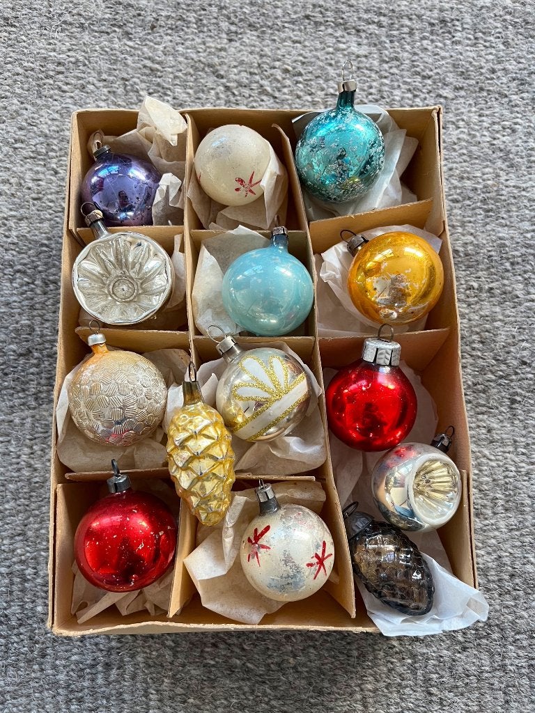 Doosje antieke oude kerstballen, feathertree, 14 stuks, Ophalen of Verzenden, Gebruikt