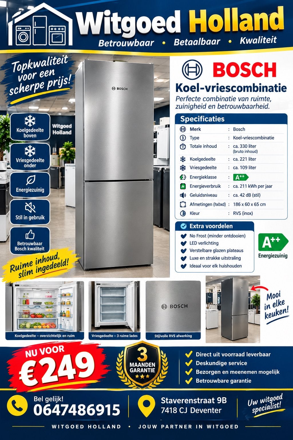 Bosch Koel - Vriescombinatie, 200 liter of meer, Met aparte vriezer, Zo goed als nieuw, Energieklasse A of zuiniger