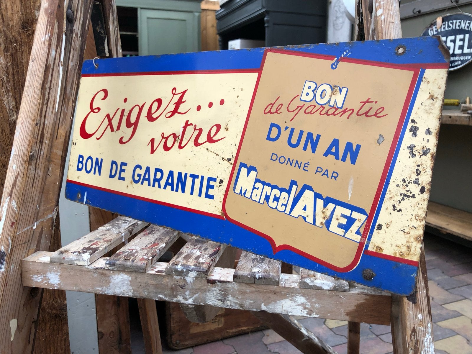 Vintage Frans metalen reclamebord 'Bon de Garantie', Ophalen