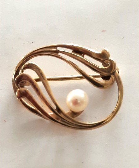 Prachtige vintage 8K Gouden broche met parel – K&L, Ophalen, Zo goed als nieuw, Goud, Met parel