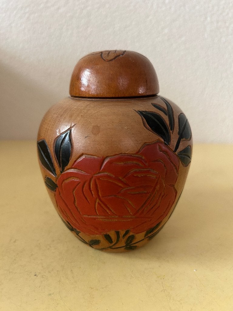 Vintage houten gemberpot / dekselpot met houtsnijwerk, Houtsnijwerk, Minder dan 20 cm, Ophalen of Verzenden, Flora