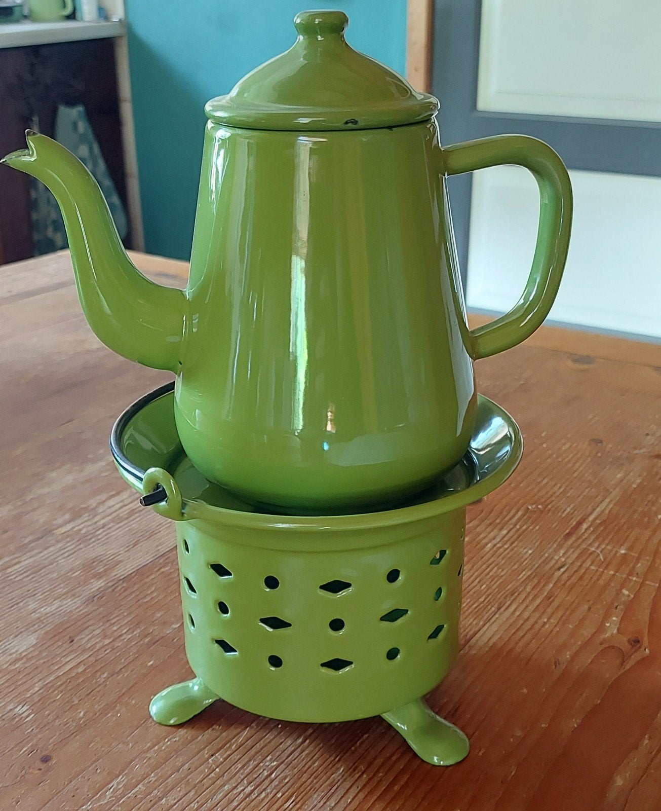 Vintage Groene Emaille Koffiepot met Rechaud, Ophalen of Verzenden