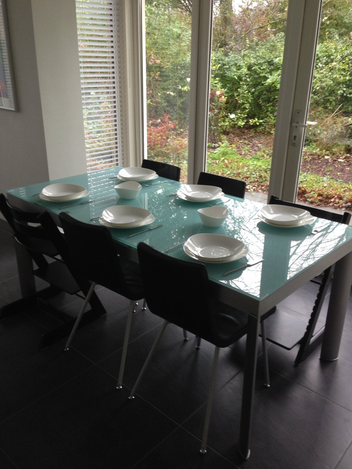 Robuuste uitschuifbare glazen eettafel - 8 tot 12 personen, Ophalen, Gebruikt, 50 tot 100 cm, Glas