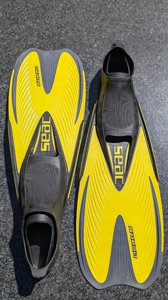 Dit zijn Seac Speed zwemvliezen in de kleur geel, Ophalen, Zo goed als nieuw, Snorkelvinnen