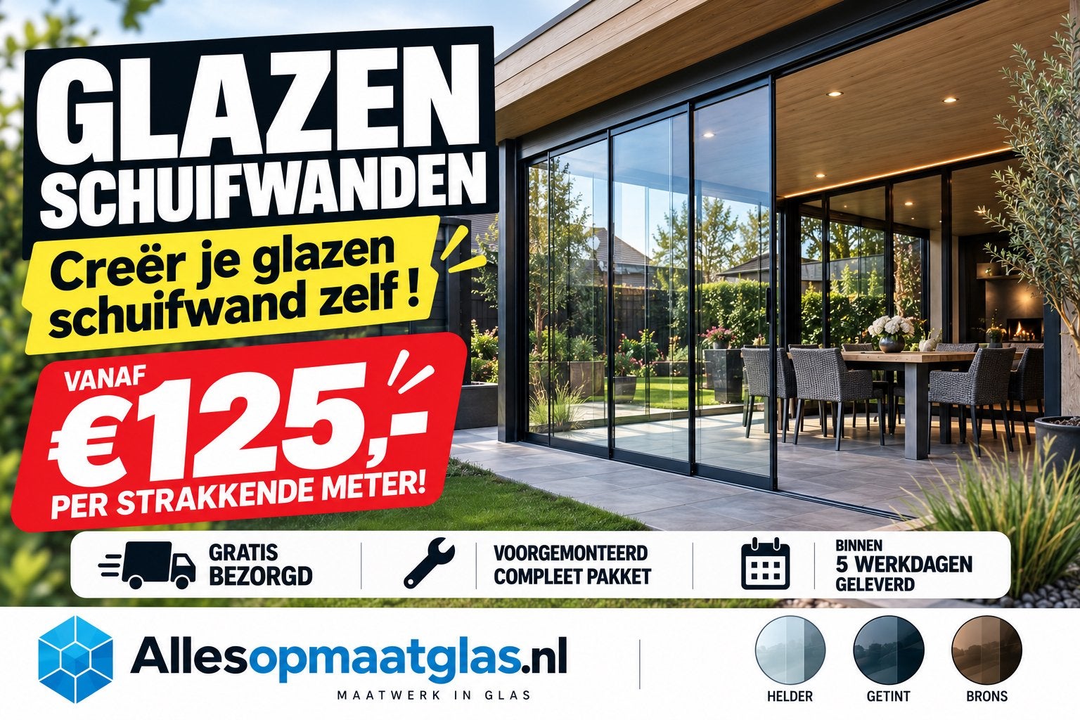 Glazen schuifwand  – NERGENS GOEDKOPER !!, 3641RT, Verkoop@allesopmaatglas.nl, Nieuw, Ophalen of Verzenden