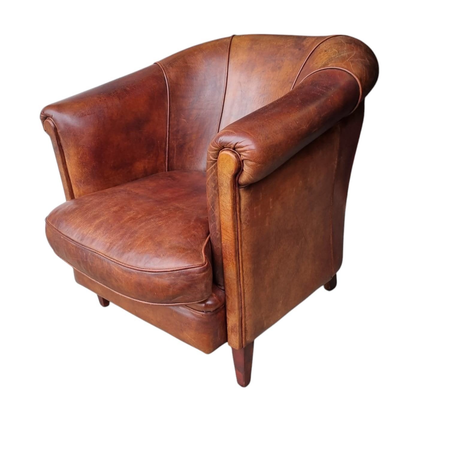 Vintage schapenleren Clubfauteuil - Cognac Bruin + BEZORGING, Gebruikt, Vintage, Clubfauteuil, Onbekend, Ophalen of Verzenden