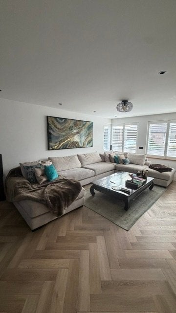 U-bank 4.36 x 2.80 Velvet beige gray, Huis en Inrichting, Banken | Bankstellen, Ophalen, Gebruikt, 300 cm of meer, Vierpersoons of meer