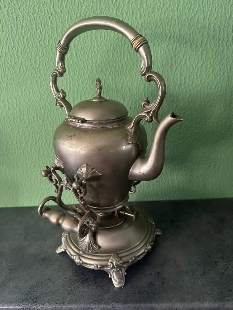 Antieke tinnen tafelketel met brander – ca. 1900, Antiek en Kunst, Antiek | Tin, Ophalen of Verzenden