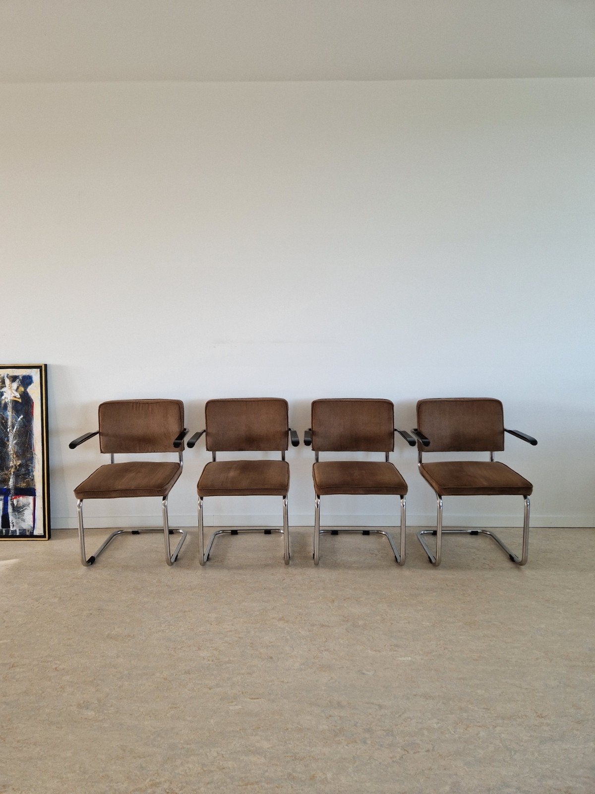 4 nette bureaustoelen/eettafelstoelen, bruin corduroy, Huis en Inrichting, Ophalen, Gebruikt, Bruin, Metaal