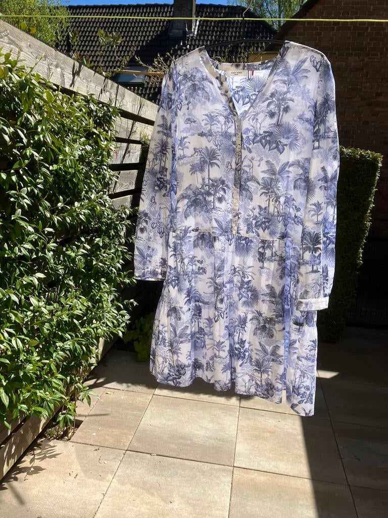 Zomerjurkje katoen blauw-wit met jungleprint, Maat 38/40 (M), Knielengte, Gedragen, Verzenden
