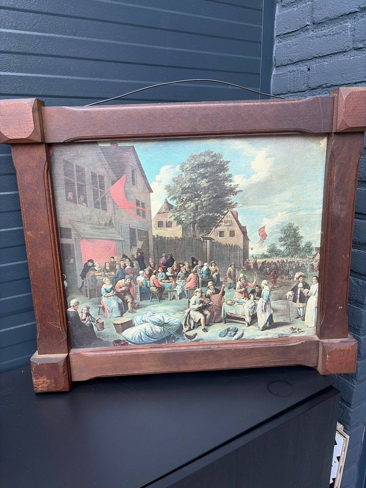 Klassiek Schilderij: Dorpsgezicht met Feestende Mensen, Doek, Ophalen of Verzenden, Olieverf, Klassiek