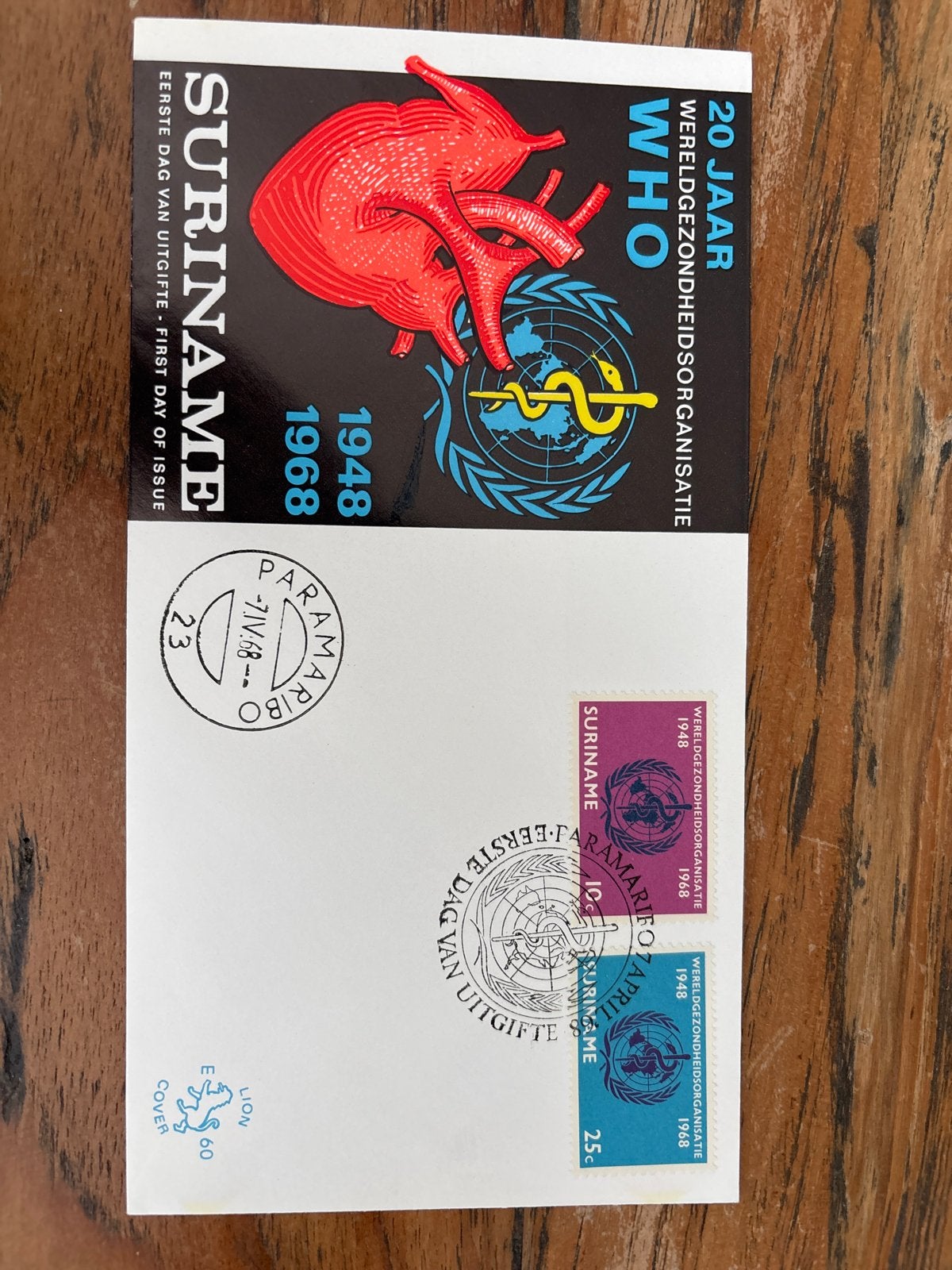 Suriname Eerste Dag Uitgifte WHO 1968, Ophalen of Verzenden, Onbeschreven, Rest van de wereld