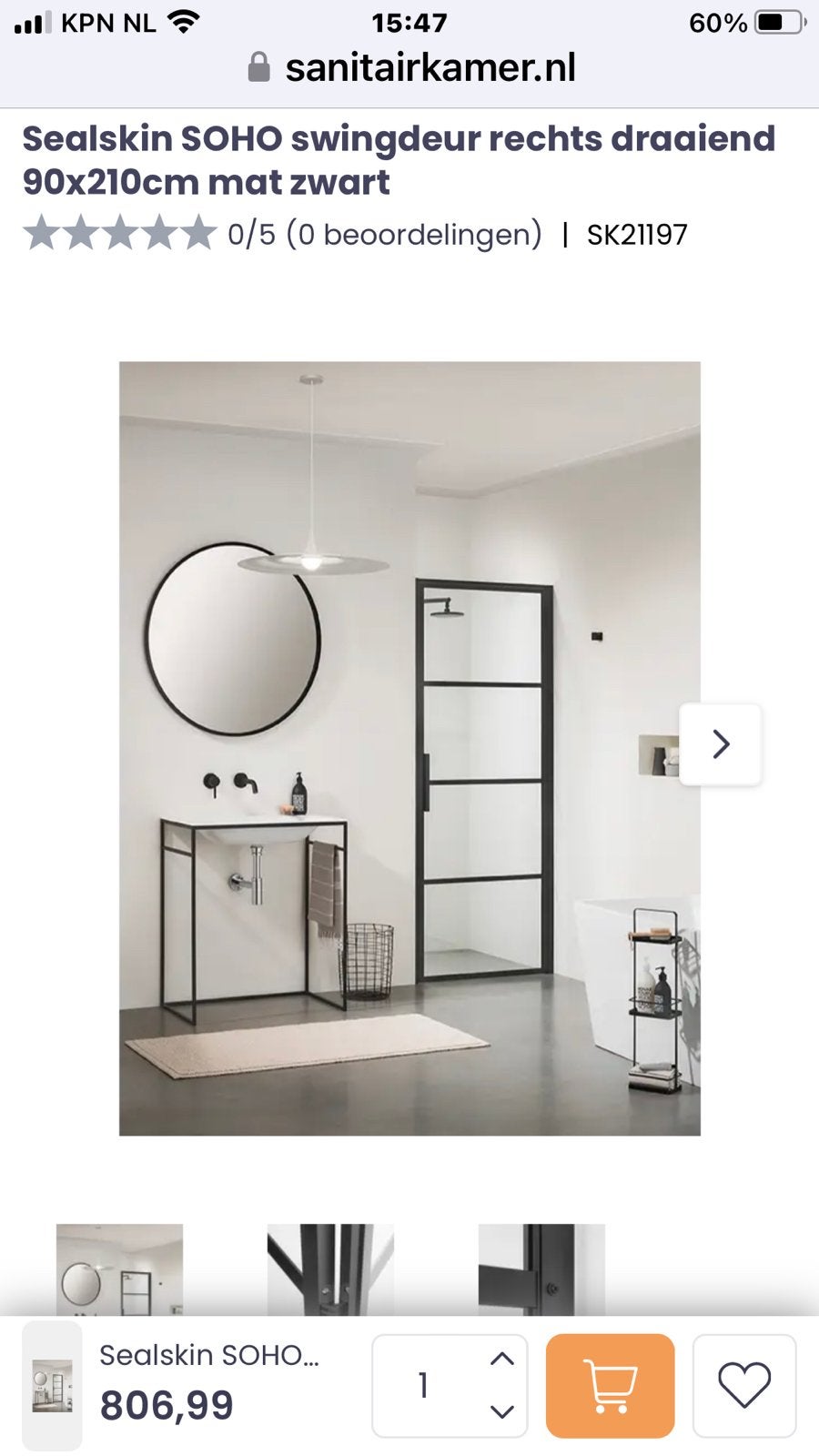 SEALSKIN SOHO DOUCHEDEUR 90 x 210 Nieuw in doos, Ophalen, Zo goed als nieuw, Binnendeur, 200 tot 215 cm