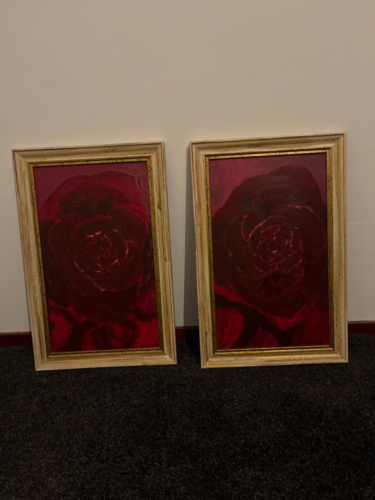 Set van 2: Rode rozen acryl schilderijen, gesigneerd, Antiek en Kunst, Kunst | Schilderijen | Klassiek, Doek, Gesigneerd, Olieverf