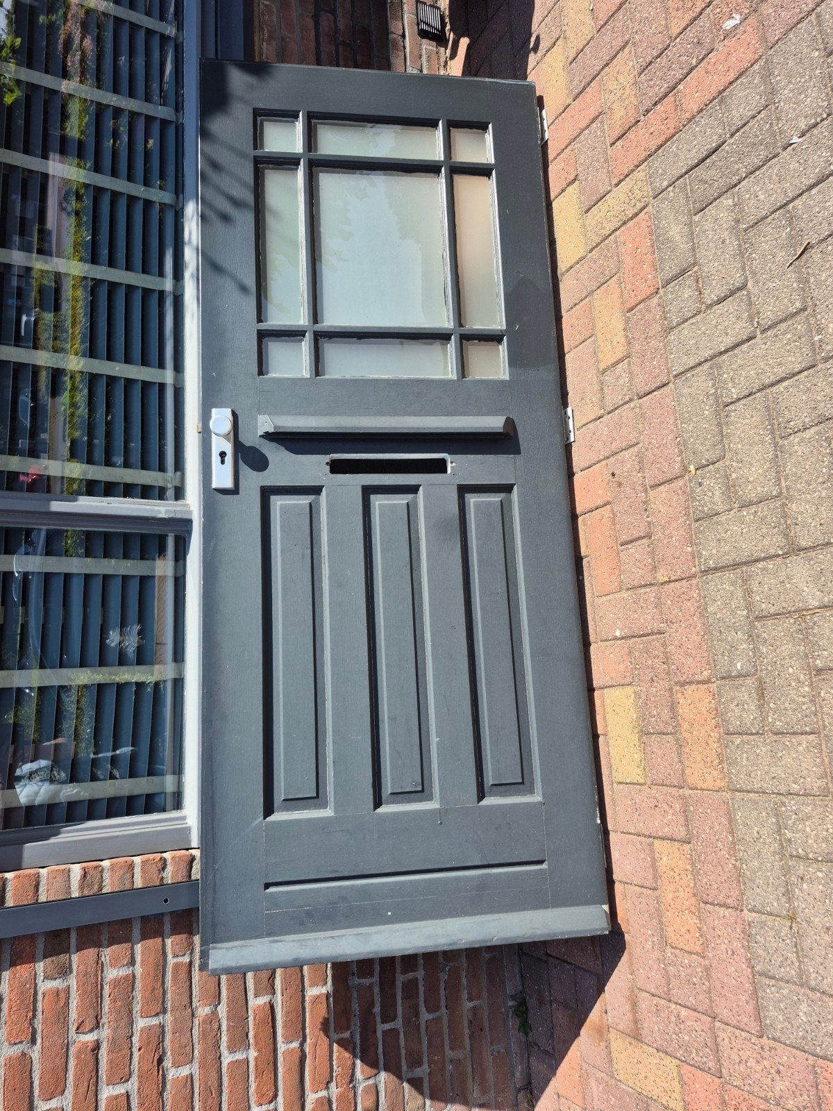 hardhouten buitendeur met glas en paneeldetails, Gebruikt, Buitendeur, 200 tot 215 cm, Glas