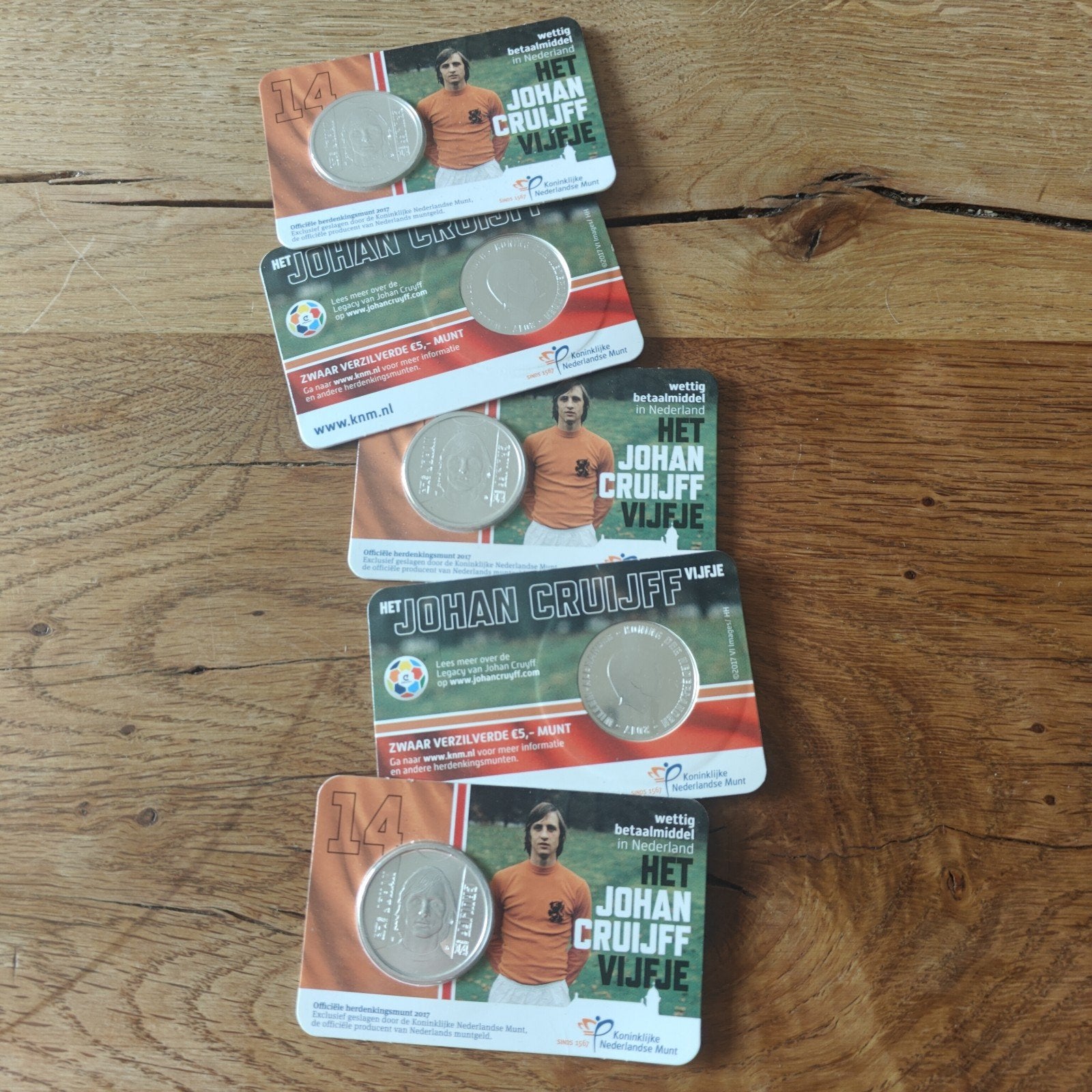 5 x Johan Cruyff vijfje zwaar verzilverd of per stuk € 16,00, Koningin Beatrix, Zilver, Euro's, Ophalen of Verzenden