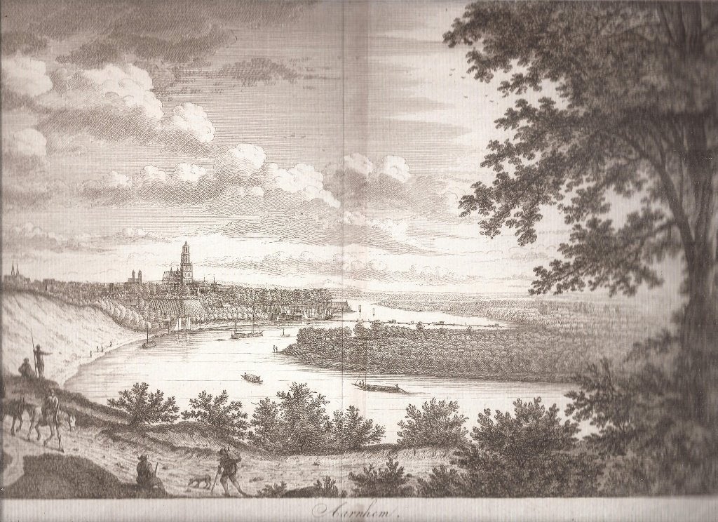 Aarnhem Gezicht op de Rijn bij Arnhem Kopergravure Schaars, Stadsgezicht, Ophalen of Verzenden, Gravure, 32 cm
