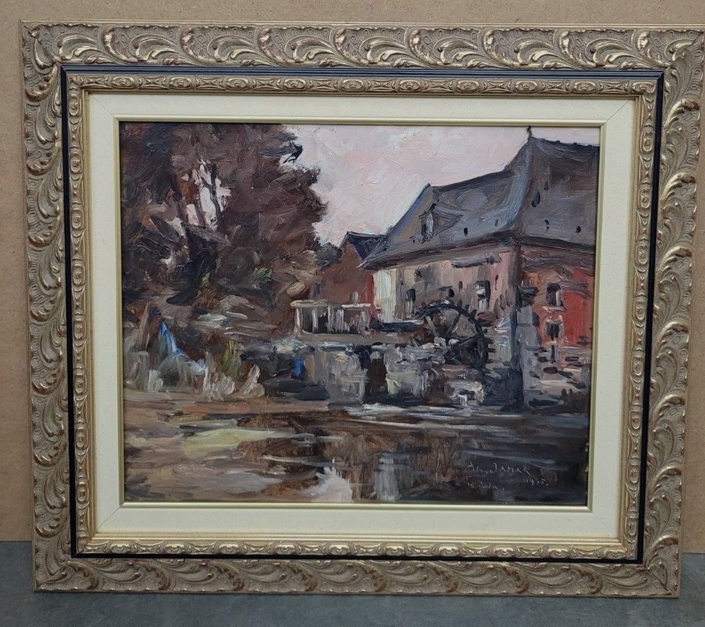 Armand JAMAR, hoeve met watermolen 1945, Antiek en Kunst, Ophalen of Verzenden, Gedateerd, Olieverf, Doek