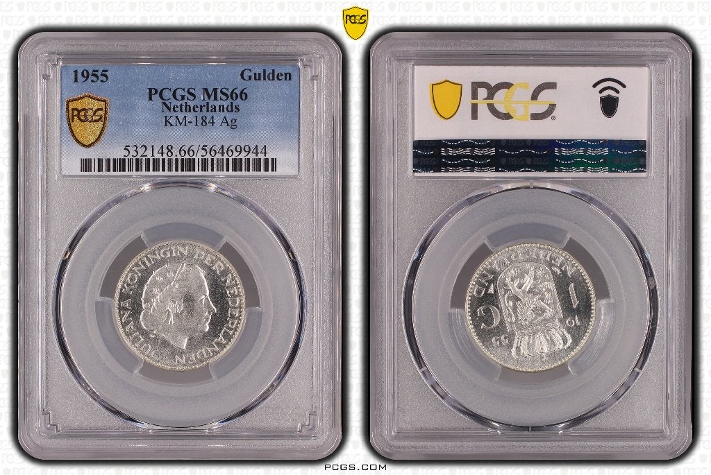 Zilveren Gulden 1955/PCGS MS66!!, Postzegels en Munten, Munten | Nederland, 1 gulden, Koningin Juliana, Zilver, Ophalen of Verzenden